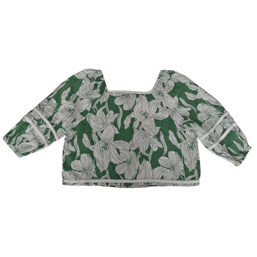 Tahari Women's Green White Floral Linen Square Neck 3/4 Sleeve Blouse Size XL - Picture 3 of 15